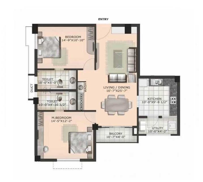 Floor plan of 2 BHK 1338 Sq. Ft. Apartment in Ramky Atlantis, Chennai