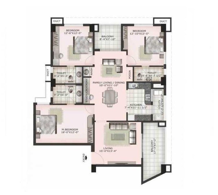 Floor plan of 3 BHK 1927 Sq. Ft. Apartment in Ramky Atlantis, Chennai