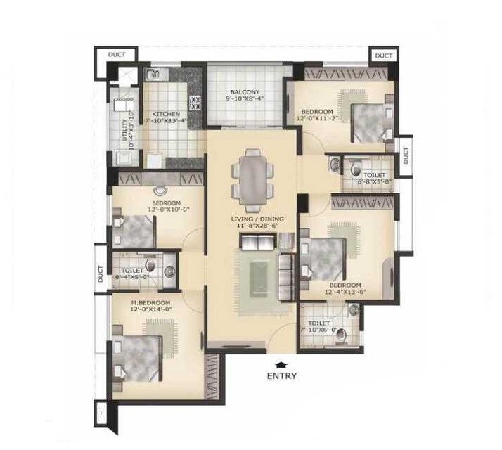 Floor plan of 4 BHK 2052 Sq. Ft. Apartment in Ramky Atlantis, Chennai