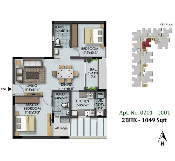 Floor plan of 2 BHK 1049 Sq. Ft. Apartment in Ramky Wavoo Lemongraz, Chennai