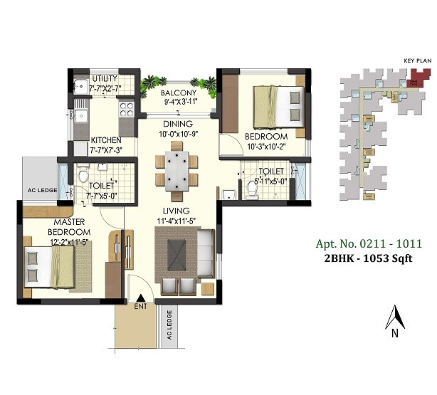 Floor plan of 2 BHK 1053 Sq. Ft. Apartment in Ramky Wavoo Lemongraz, Chennai