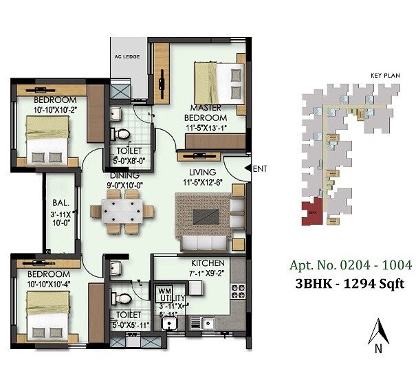Floor plan of 3 BHK 1294 Sq. Ft. Apartment in Ramky Wavoo Lemongraz, Chennai