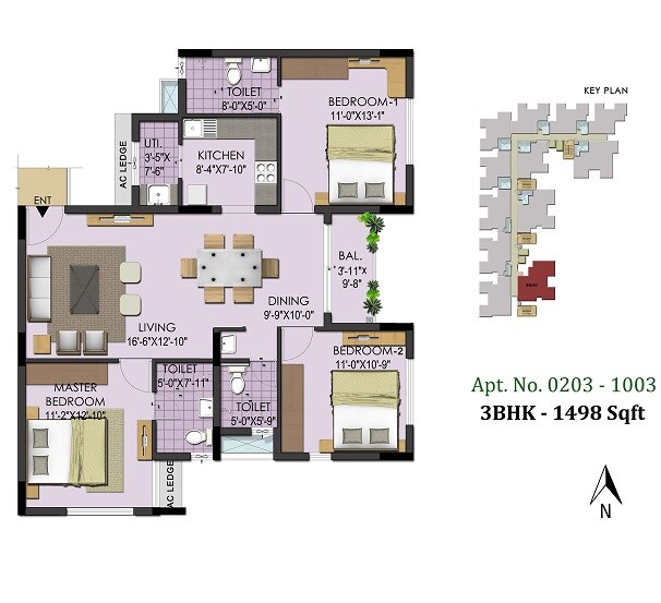 Floor plan of 3 BHK 1498 Sq. Ft. Apartment in Ramky Wavoo Lemongraz, Chennai
