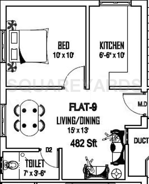 Floor plan of 1 BHK 482 Sq. Ft. Apartment in Rammiyam Homes Rammiyam, Chennai
