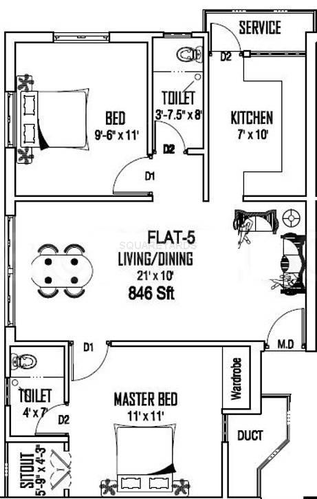 Floor plan of 2 BHK 846 Sq. Ft. Apartment in Rammiyam Homes Rammiyam, Chennai