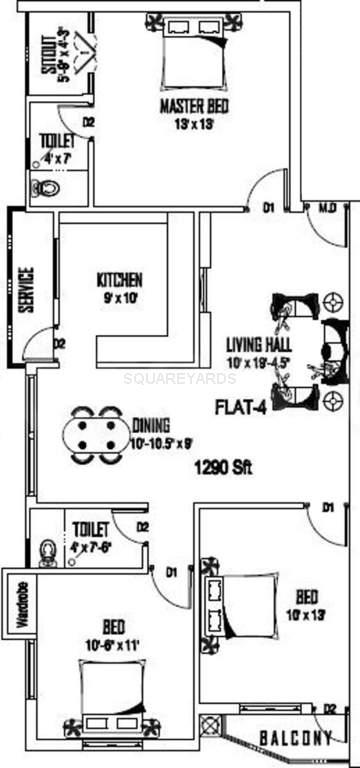 Floor plan of 3 BHK 1290 Sq. Ft. Apartment in Rammiyam Homes Rammiyam, Chennai