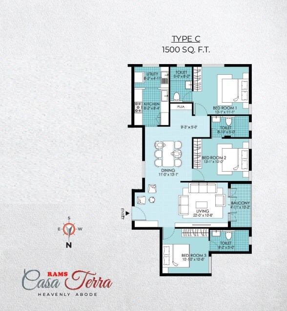 Floor plan of 3 BHK 1500 Sq. Ft. Apartment in Rams Casa Terra, Chennai