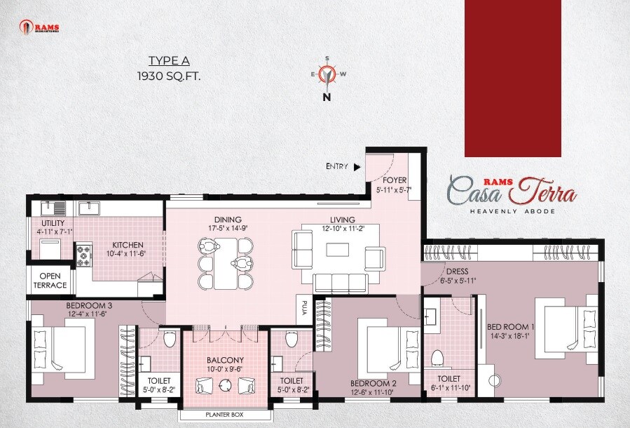 Floor plan of 3 BHK 1930 Sq. Ft. Apartment in Rams Casa Terra, Chennai