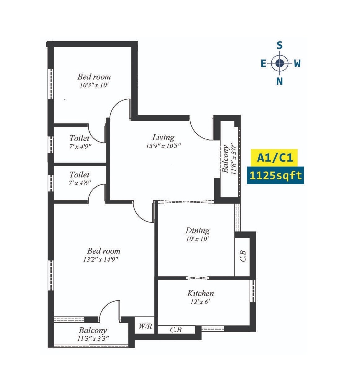 Floor plan of 2 BHK 1125 Sq. Ft. Apartment in Rams Green Inns, Chennai