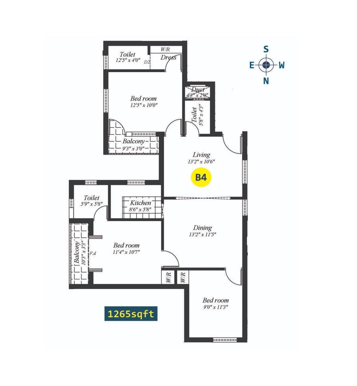 Floor plan of 3 BHK 1265 Sq. Ft. Apartment in Rams Green Inns, Chennai