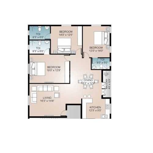 Floor plan of 3 BHK 1970 Sq. Ft. Apartment in Rams Hibiscus, Chennai