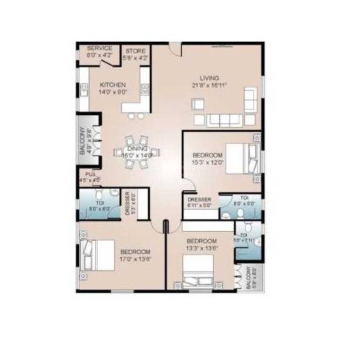 Floor plan of 3 BHK 2285 Sq. Ft. Apartment in Rams Hibiscus, Chennai