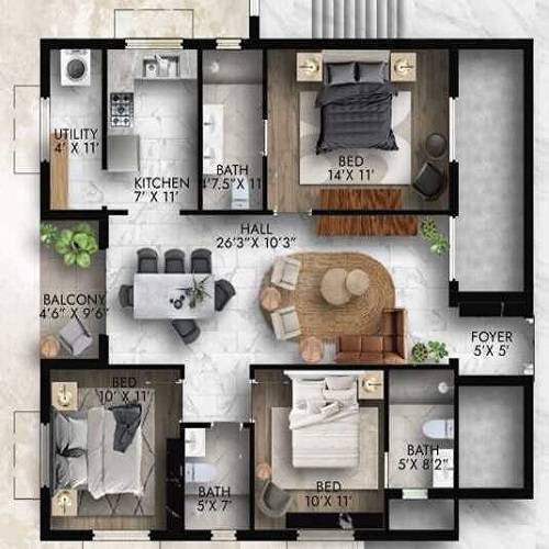 Floor plan of 3 BHK 1325 Sq. Ft. Apartment in Rams Lalith Ananth, Chennai
