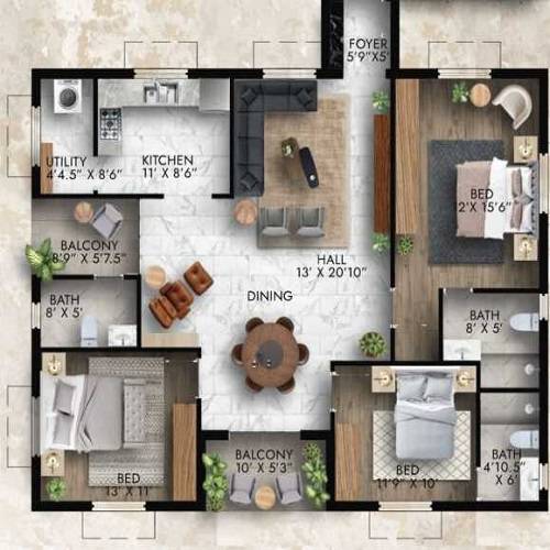 Floor plan of 3 BHK 1700 Sq. Ft. Apartment in Rams Lalith Ananth, Chennai
