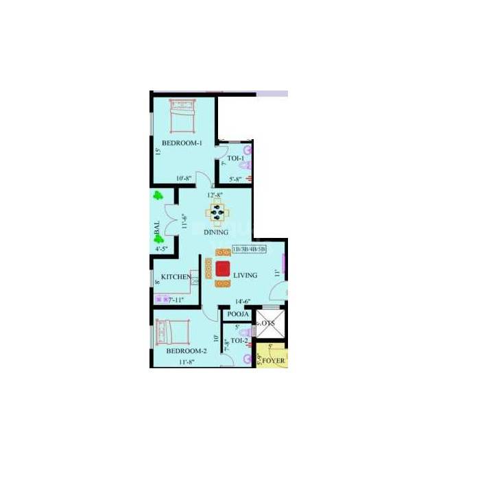 Floor plan of 2 BHK 1050 Sq. Ft. Apartment in Rams Swarna Ganga, Chennai