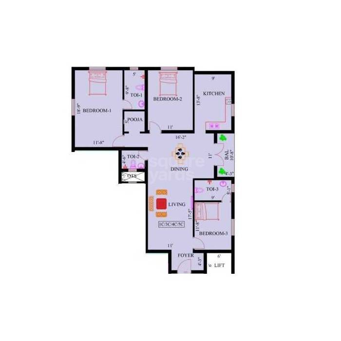 Floor plan of 3 BHK 1550 Sq. Ft. Apartment in Rams Swarna Ganga, Chennai