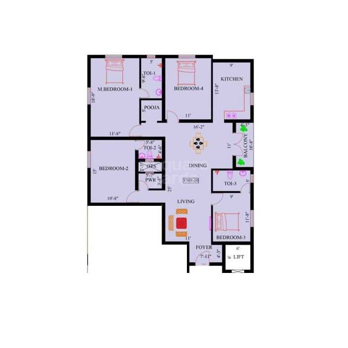 Floor plan of 4 BHK 1940 Sq. Ft. Apartment in Rams Swarna Ganga, Chennai