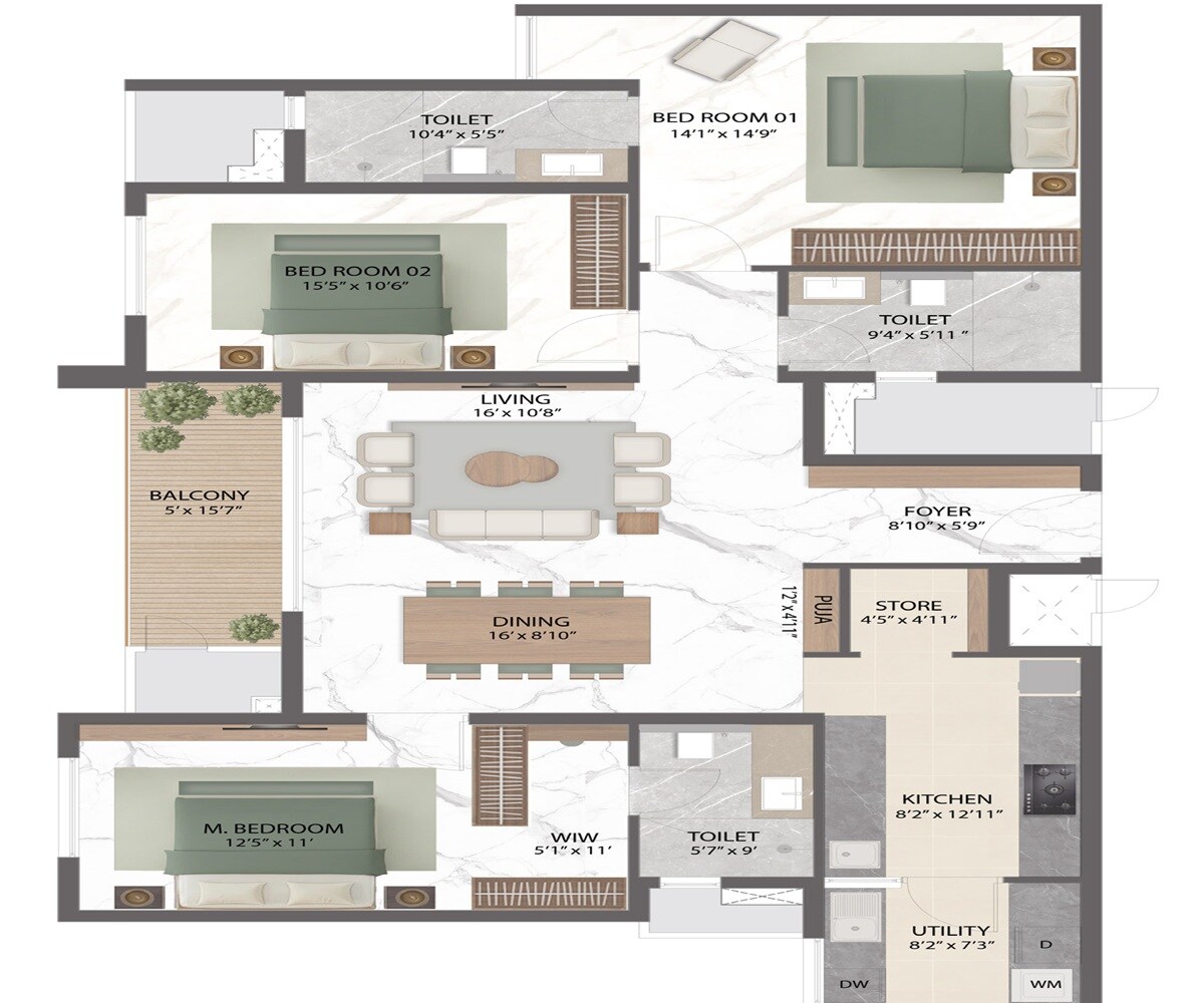 Floor plan of 3 BHK 2257 Sq. Ft. Apartment in Rattha Nivara 101, Chennai