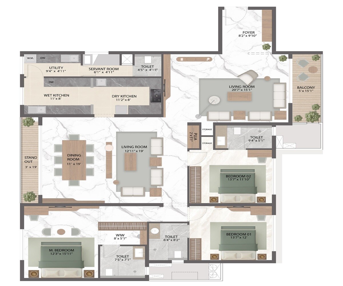 Floor plan of 3 BHK 3181 Sq. Ft. Apartment in Rattha Nivara 101, Chennai