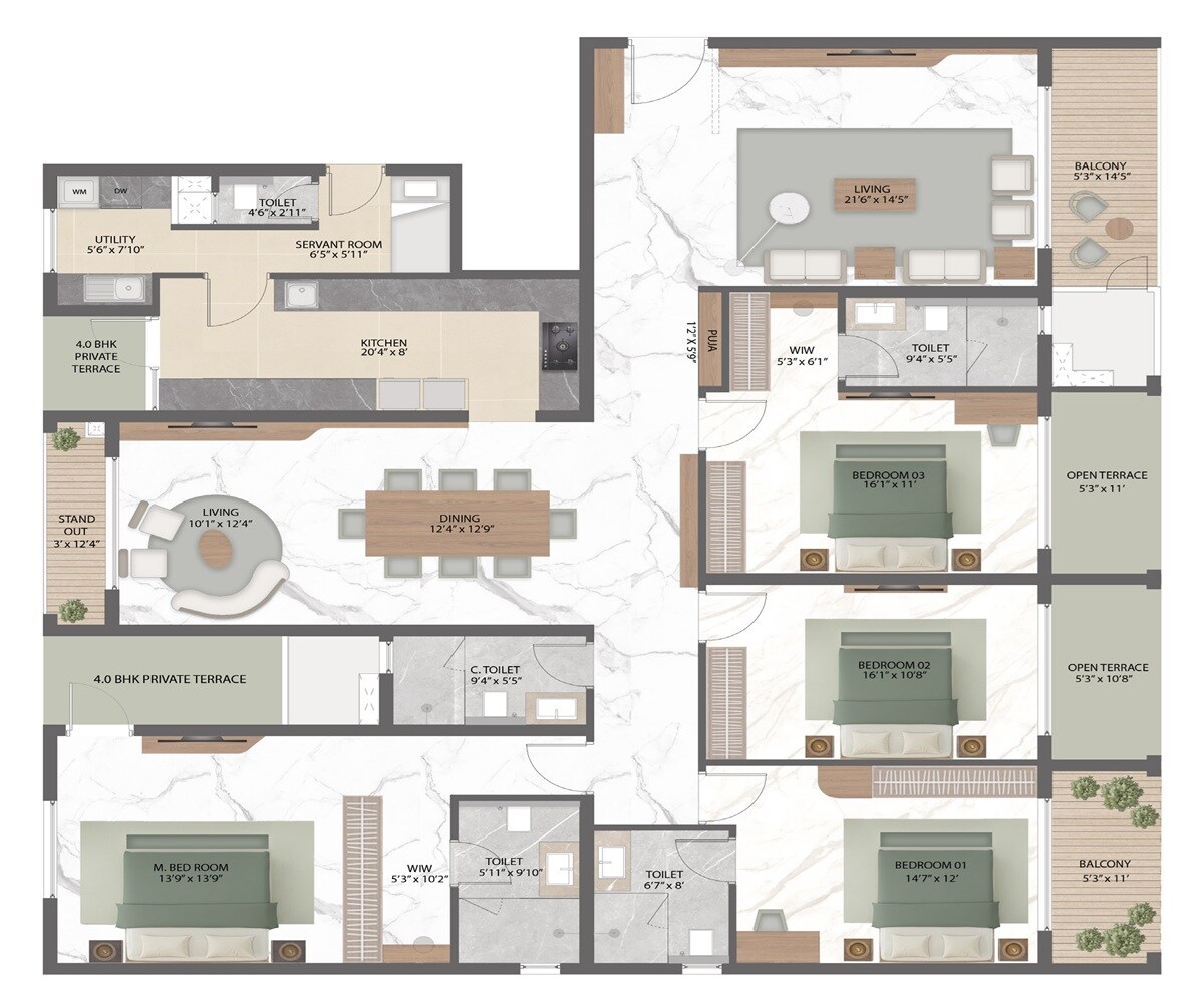Floor plan of 4 BHK 3509 Sq. Ft. Apartment in Rattha Nivara 101, Chennai