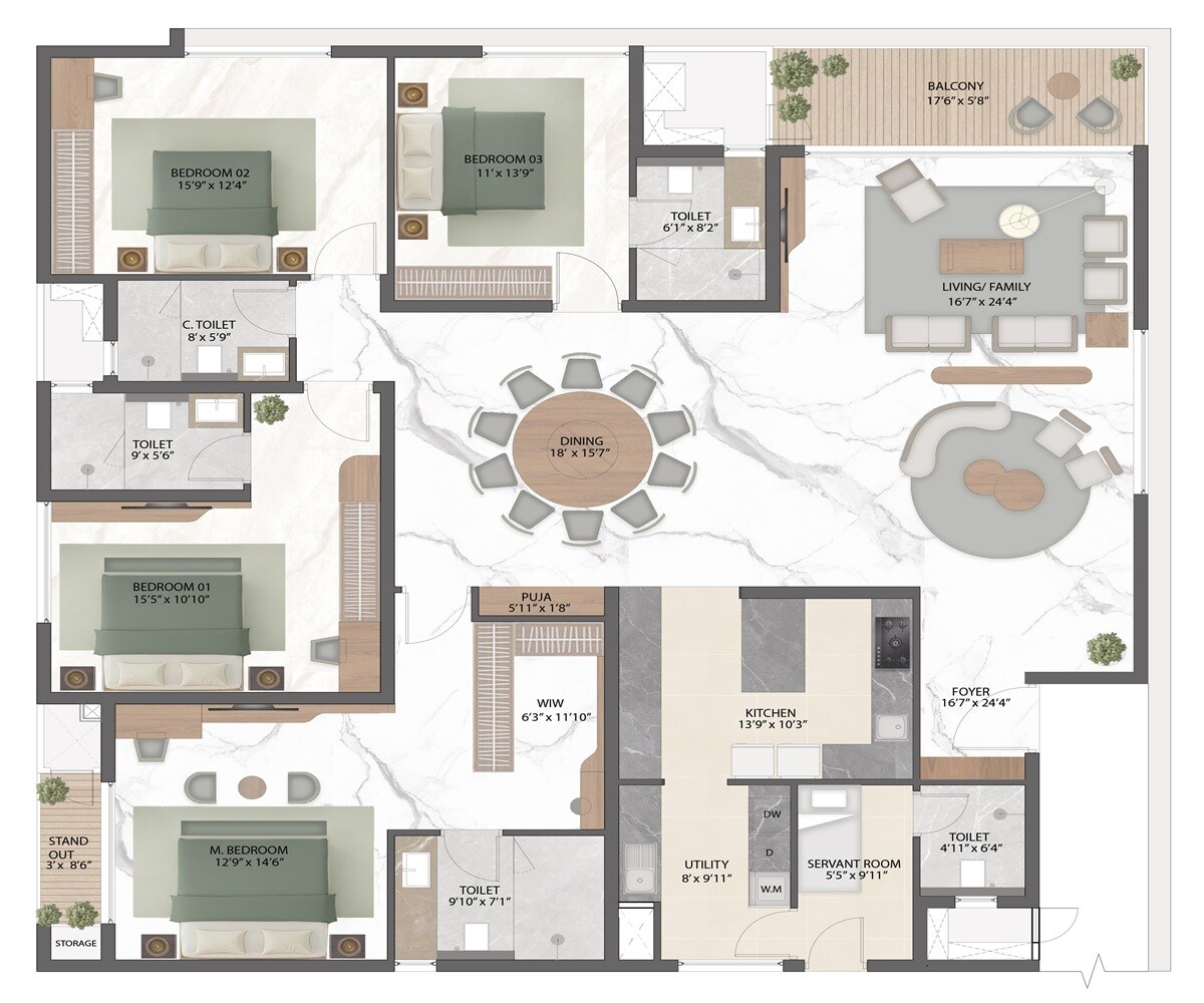 Floor plan of 4 BHK 3730 Sq. Ft. Apartment in Rattha Nivara 101, Chennai