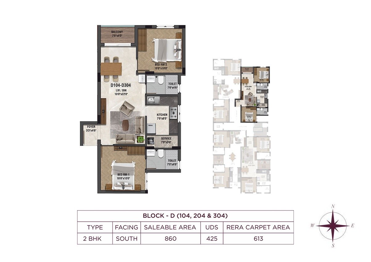 Floor plan of 2 BHK 860 Sq. Ft. Apartment in Raunaq Garden Wood, Chennai