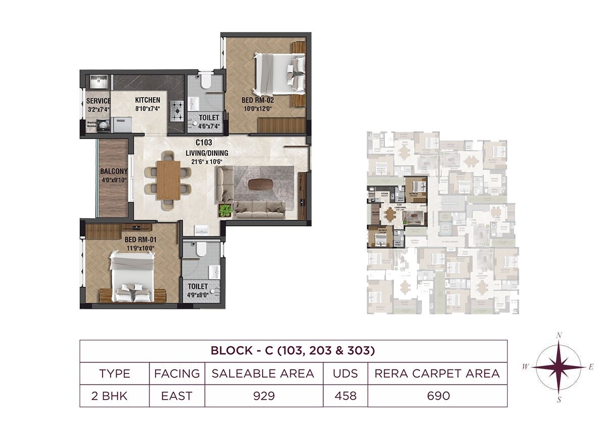 Floor plan of 2 BHK 929 Sq. Ft. Apartment in Raunaq Garden Wood, Chennai