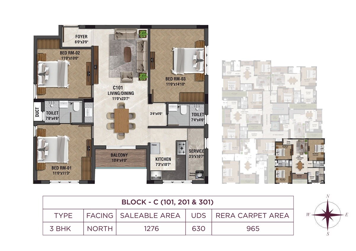 Floor plan of 3 BHK 1276 Sq. Ft. Apartment in Raunaq Garden Wood, Chennai