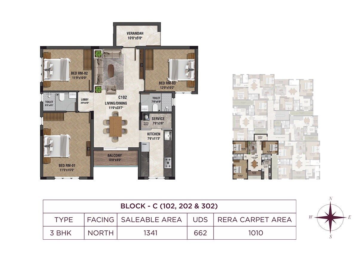 Floor plan of 3 BHK 1341 Sq. Ft. Apartment in Raunaq Garden Wood, Chennai