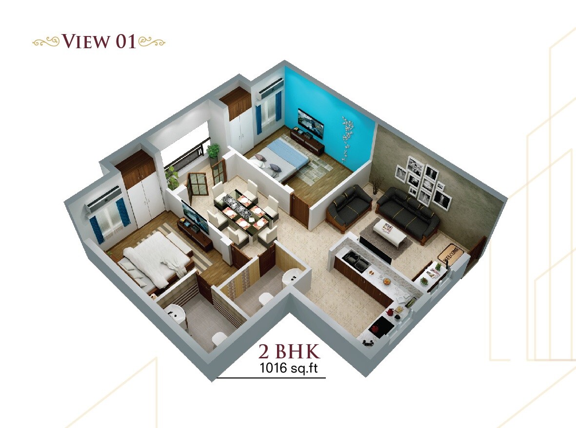 Floor plan of 2 BHK 1016 Sq. Ft. Apartment in RC Eden Crest, Chennai