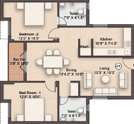 Floor plan of 2 BHK 1068 Sq. Ft. Apartment in RC Eden Crest, Chennai