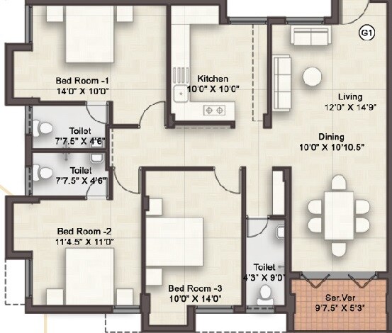 Floor plan of 3 BHK 1123 Sq. Ft. Apartment in RC Eden Crest, Chennai