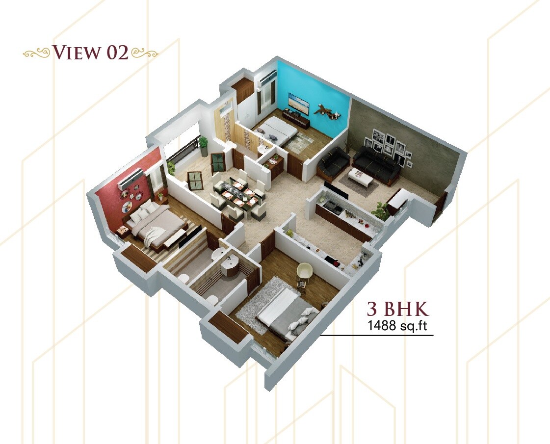 Floor plan of 3 BHK 1488 Sq. Ft. Apartment in RC Eden Crest, Chennai