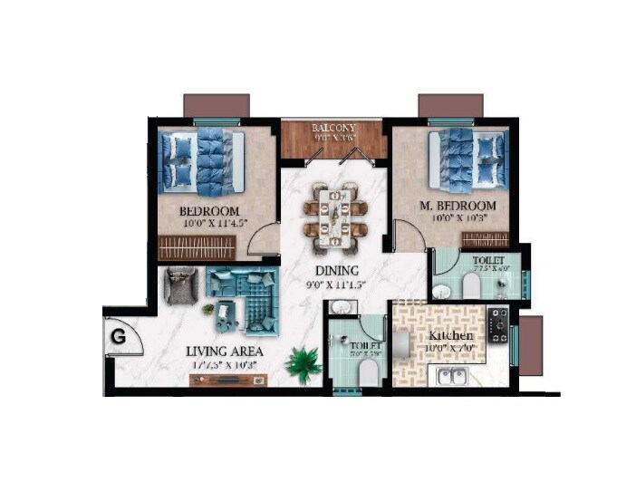 Floor plan of 2 BHK 885 Sq. Ft. Apartment in RC Rose Wood, Chennai