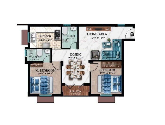 Floor plan of 2 BHK 950 Sq. Ft. Apartment in RC Rose Wood, Chennai