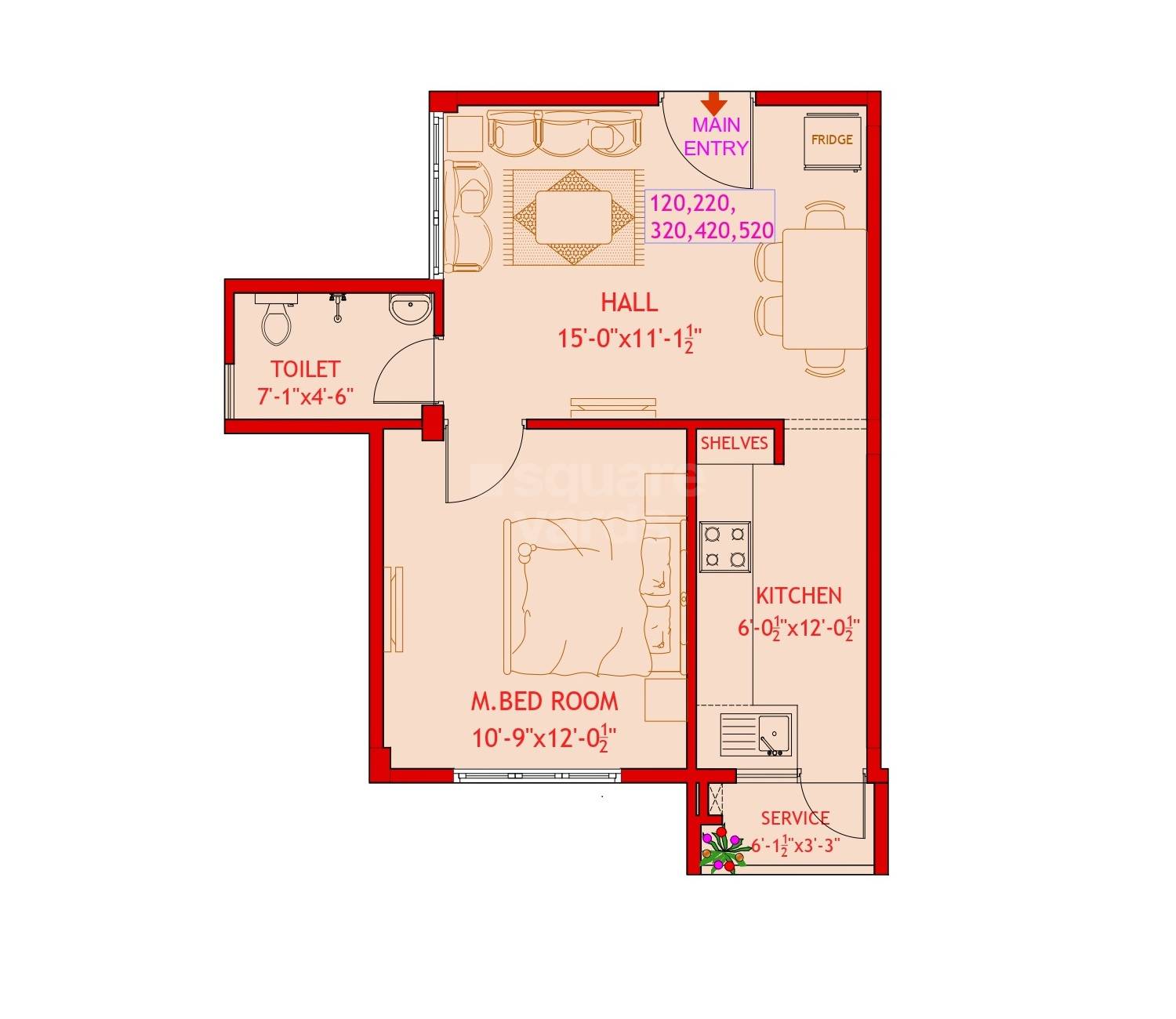 Floor plan of 1 BHK 411 Sq. Ft. Apartment in RCC Sierra, Chennai