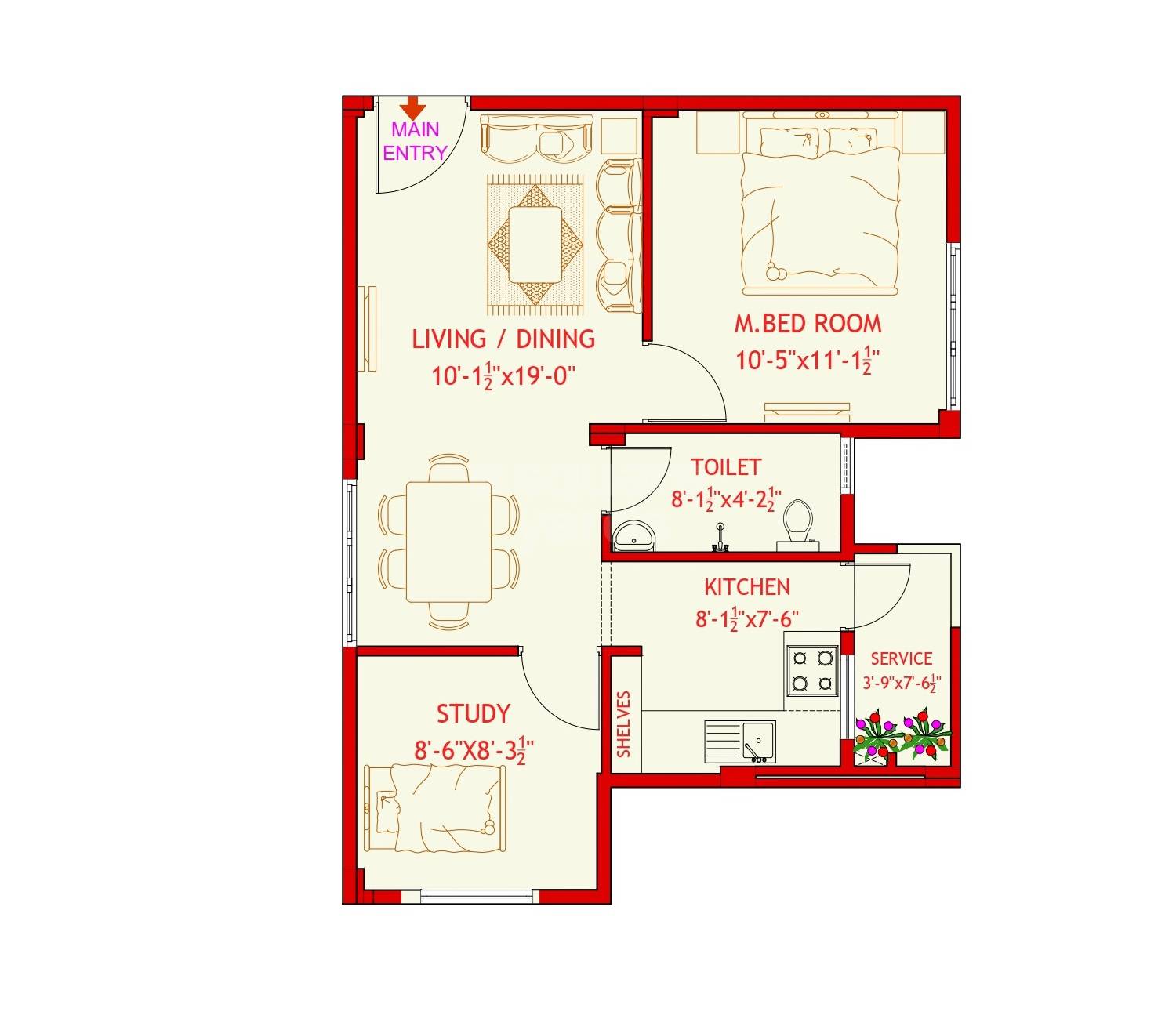 Floor plan of 1 BHK 479 Sq. Ft. Apartment in RCC Sierra, Chennai