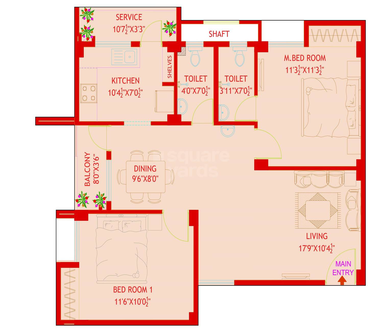 Floor plan of 2 BHK 577 Sq. Ft. Apartment in RCC Sierra, Chennai