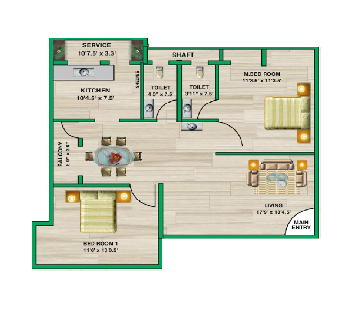 Floor plan of 2 BHK 695 Sq. Ft. Apartment in RCC Sierra, Chennai