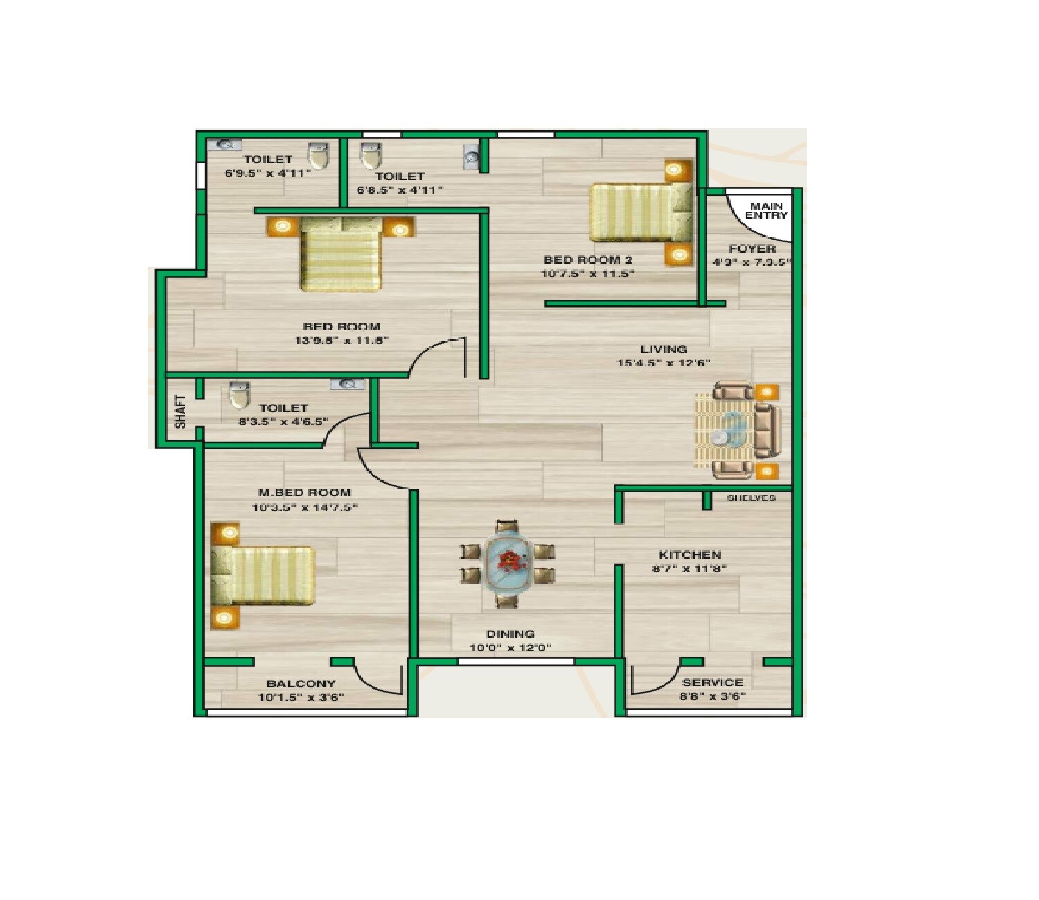 Floor plan of 3 BHK 1058 Sq. Ft. Apartment in RCC Sierra, Chennai