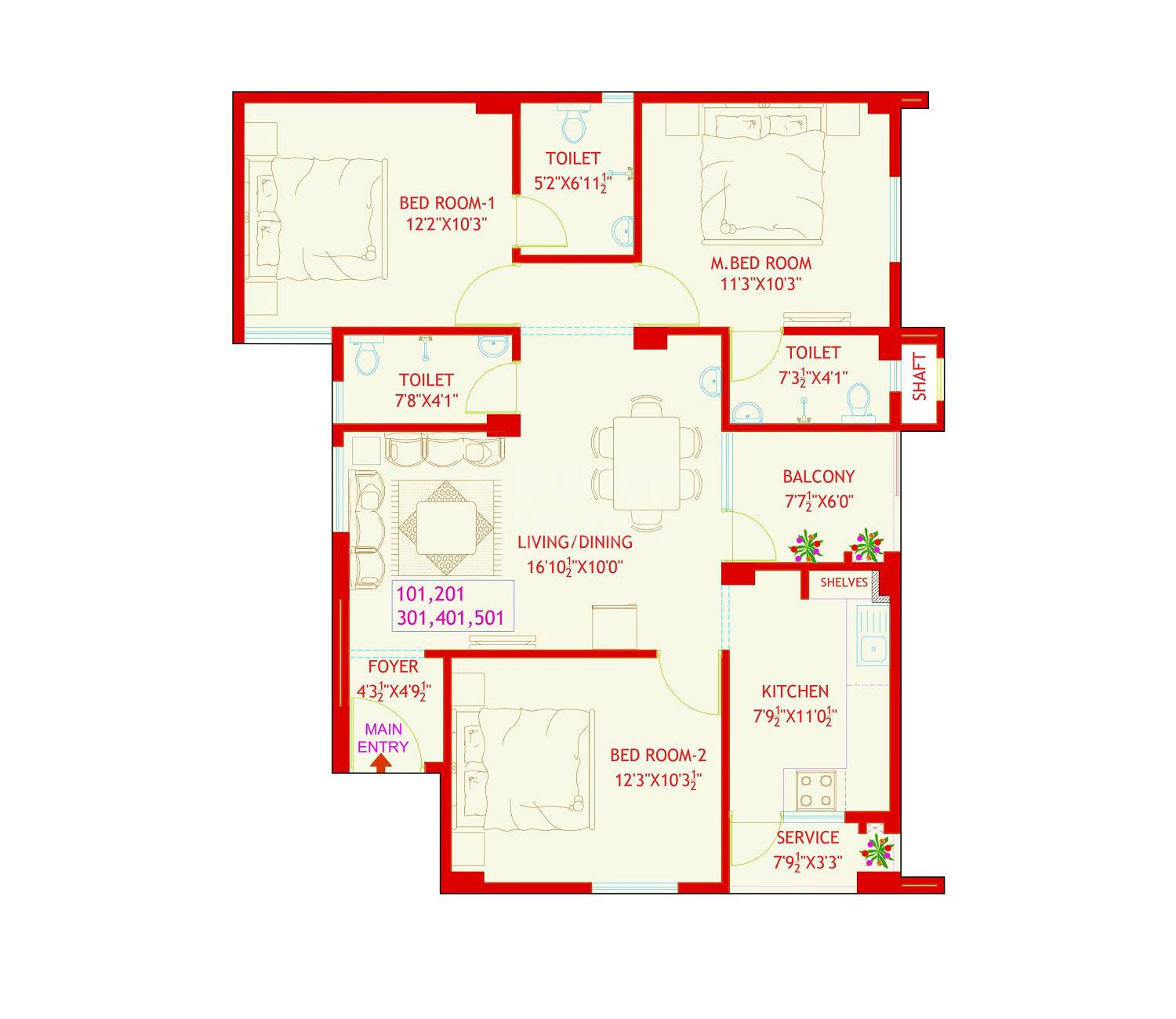 Floor plan of 3 BHK 833 Sq. Ft. Apartment in RCC Sierra, Chennai