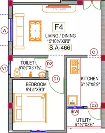 Floor plan of 1 BHK 466 Sq. Ft. Apartment in Rishi Sri Archana Flats, Chennai