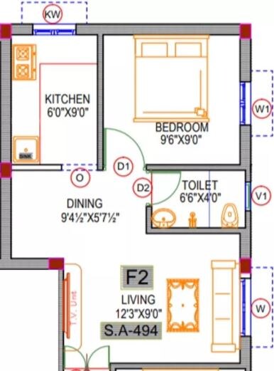 Floor plan of 1 BHK 494 Sq. Ft. Apartment in Rishi Sri Archana Flats, Chennai