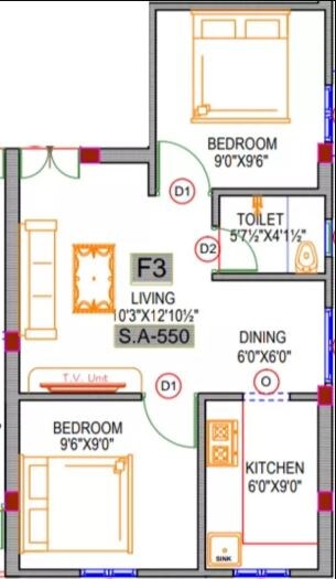 Floor plan of 2 BHK 550 Sq. Ft. Apartment in Rishi Sri Archana Flats, Chennai
