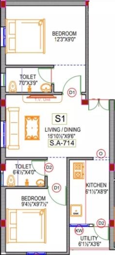 Floor plan of 2 BHK 714 Sq. Ft. Apartment in Rishi Sri Archana Flats, Chennai