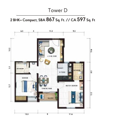 Floor plan of 2 BHK 867 Sq. Ft. Apartment in Risland The Ace, Chennai