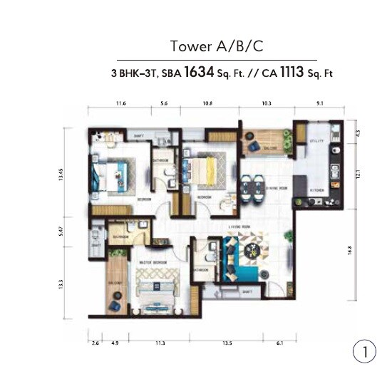 Floor plan of 3 BHK 1634 Sq. Ft. Apartment in Risland The Ace, Chennai