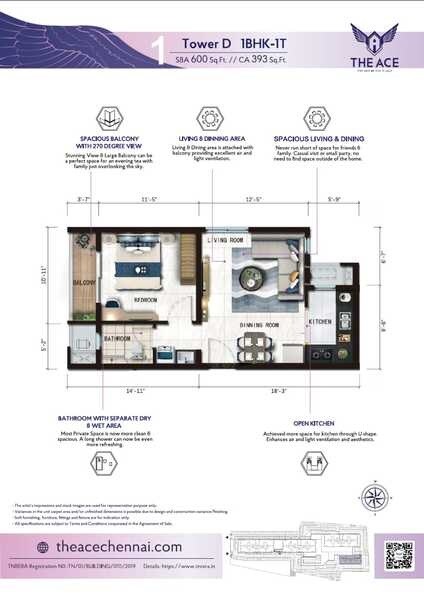 Floor plan of 1 BHK 600 Sq. Ft. Apartment in Risland The Ace, Chennai