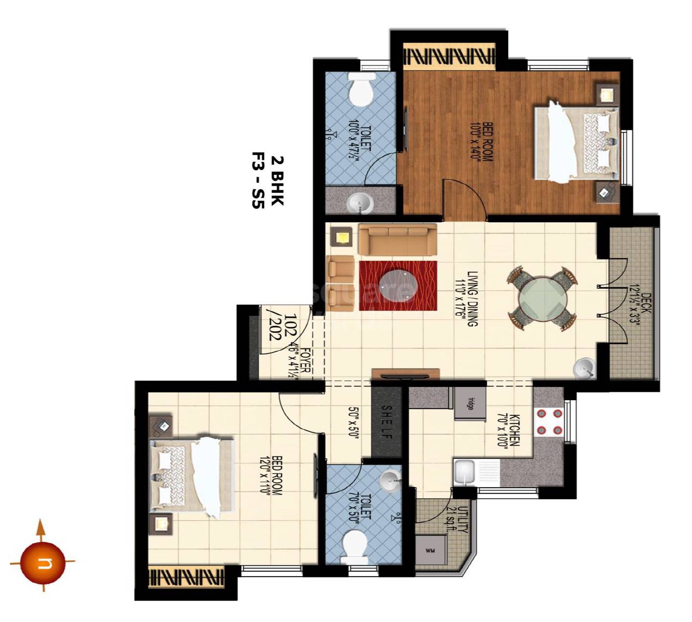 Floor plan of 2 BHK 981 Sq. Ft. Apartment in RM Aishwaryam, Chennai