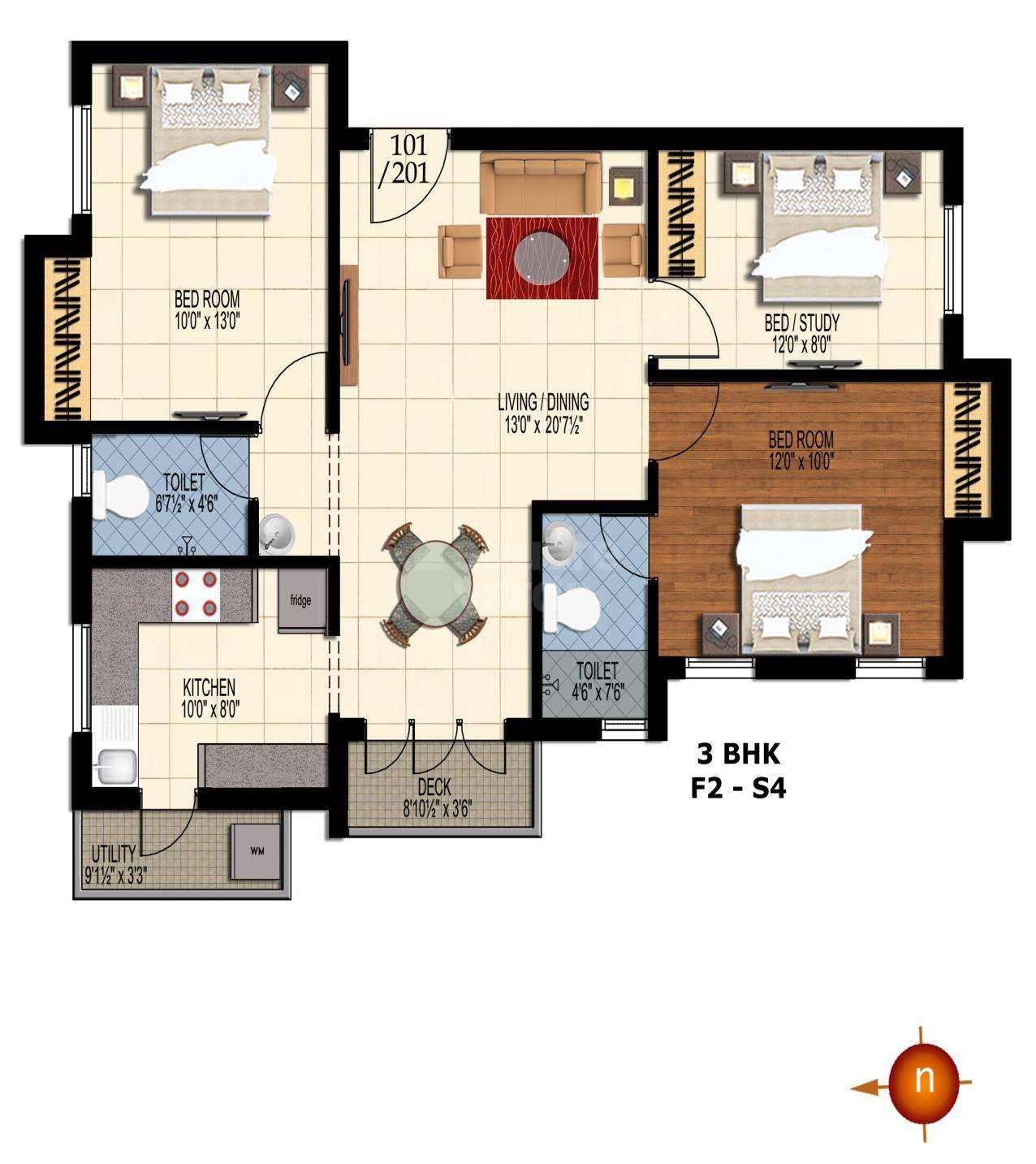 Floor plan of 3 BHK 1164 Sq. Ft. Apartment in RM Aishwaryam, Chennai